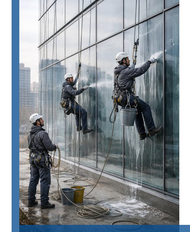 Промышленная мойка панорамных окон на высоте в Новом Уренгое