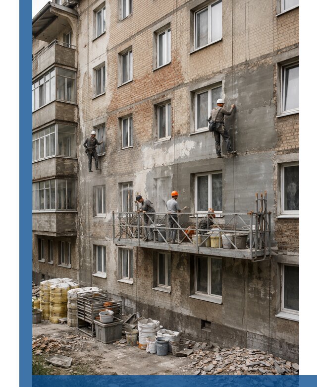 Капитальный ремонт фасада в Новом Уренгое с восстановлением и гидроизоляцией