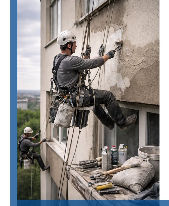 Косметический ремонт фасада зданий в Новом Уренгое промышленными альпинистами
