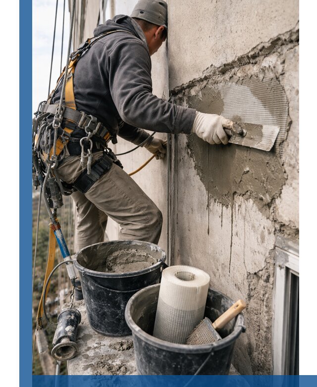 Ремонт бетонных элементов фасада промышленными альпинистами в Новом Уренгое