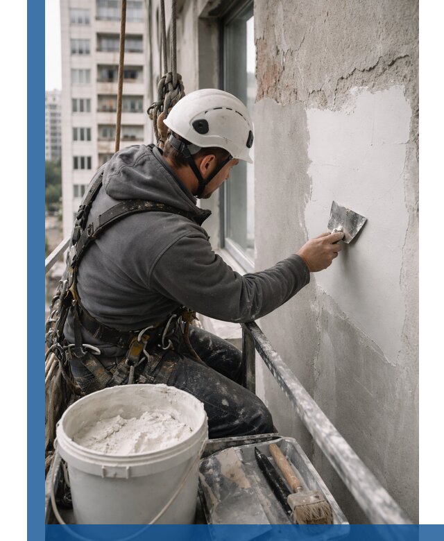 Шпаклевка фасадов на высоте с промальпинистами в Новом Уренгое