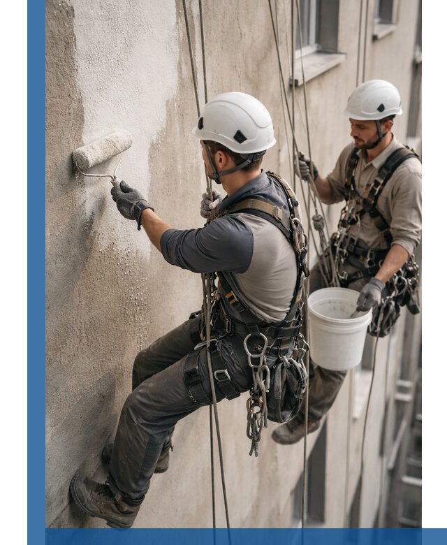 Грунтовка фасада на высоте в Новом Уренгое промышленными альпинистами