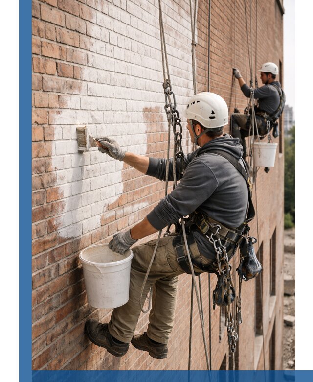 Покраска кирпичного фасада с доступным альпинистским сервисом в Новом Уренгое