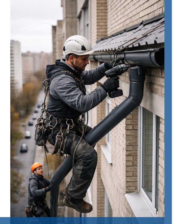 Монтаж водосточной системы на здании в Новом Уренгое от 5199 р. | ВЫСОТНИК-Нвг