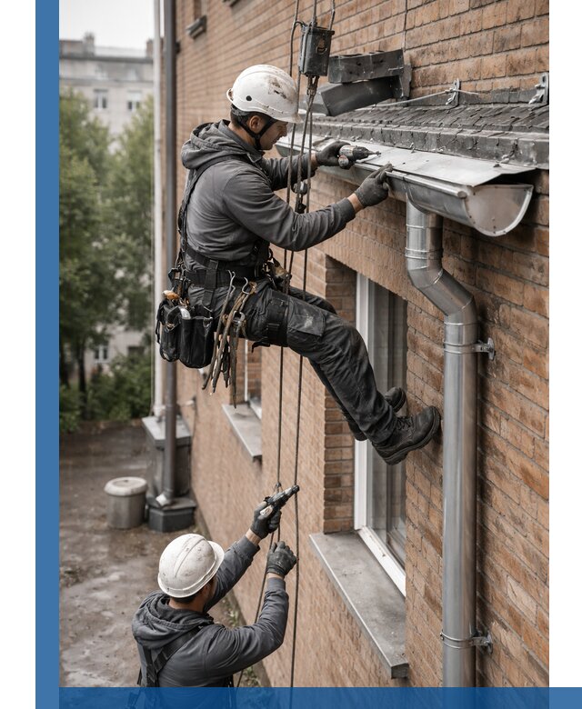 Монтаж водосточной системы на здании в Новом Уренгое под ключ