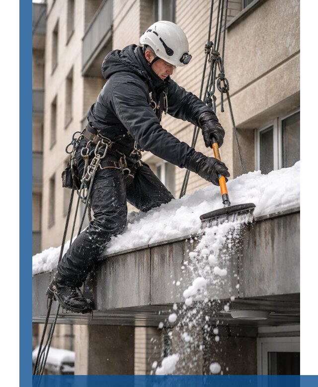 Очистка козырьков от снега в Новом Уренгое круглогодично безопасно