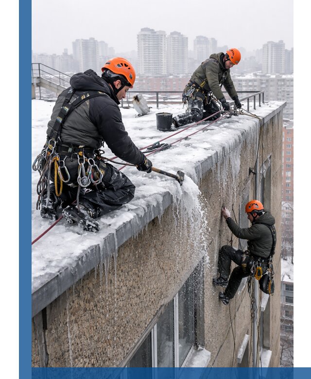 Удаление наледи с кровли в Новом Уренгое промышленными альпинистами