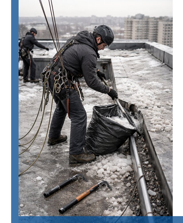 Аварийная очистка кровли в Новом Уренгое от промальпинистов