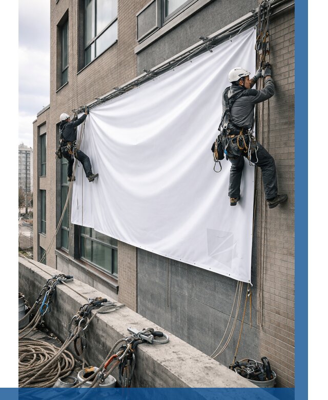 Монтаж баннеров на фасаде в Новом Уренгое от 676 р. заказать ВЫСОТНИК-Нвг