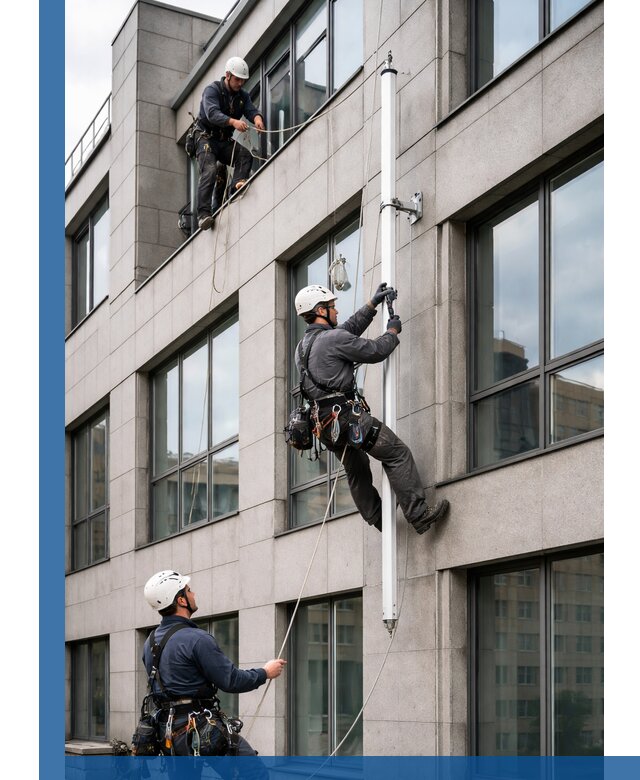 Монтаж флагштока на фасаде здания с креплением и герметикой в Новом Уренгое