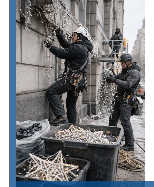 Демонтаж новогоднего оформления и гирлянд в Новом Уренгое