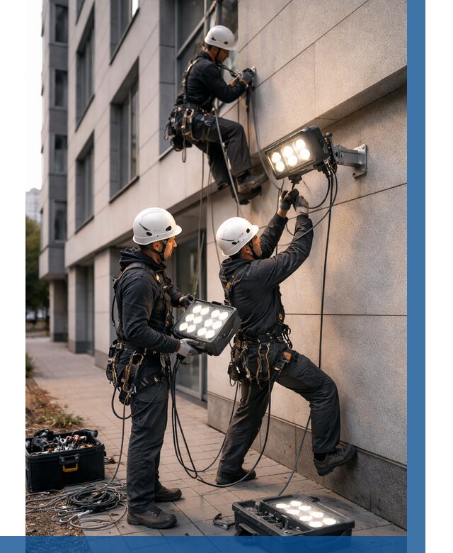 Монтаж прожекторов на фасаде в Новом Уренгое от 7799 р. | ВЫСОТНИК-Нвг