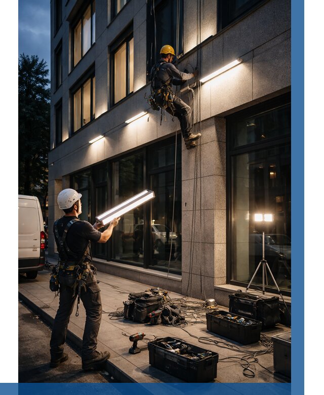 Монтаж архитектурной подсветки здания в Новом Уренгое от 2600 р.|ВЫСОТНИК-Нвг