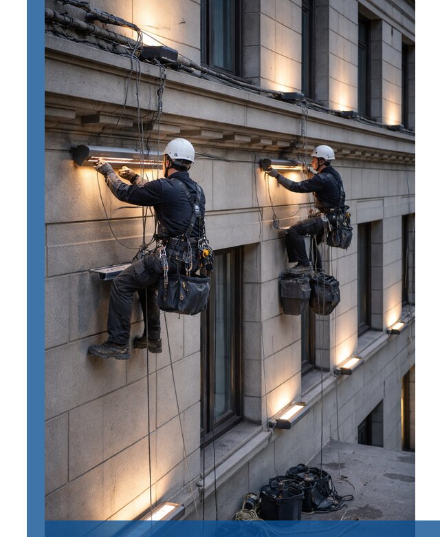 Монтаж архитектурной подсветки фасадов зданий в Новом Уренгое