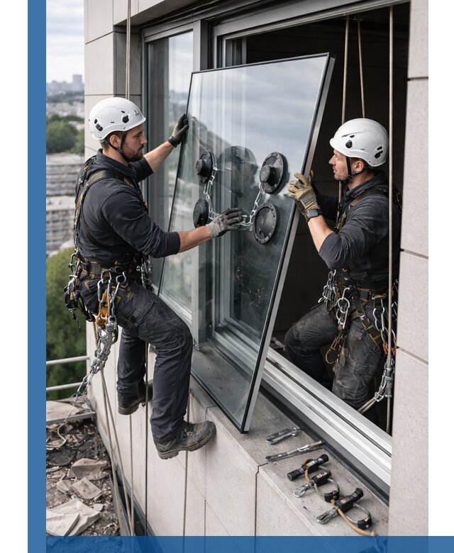Замена стеклопакетов на высоте с промышленными альпинистами в Новом Уренгое