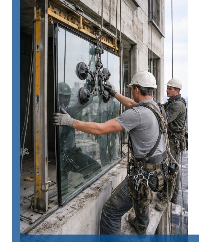 Монтаж стеклопакетов на высоте в Новом Уренгое с промышленным альпинизмом