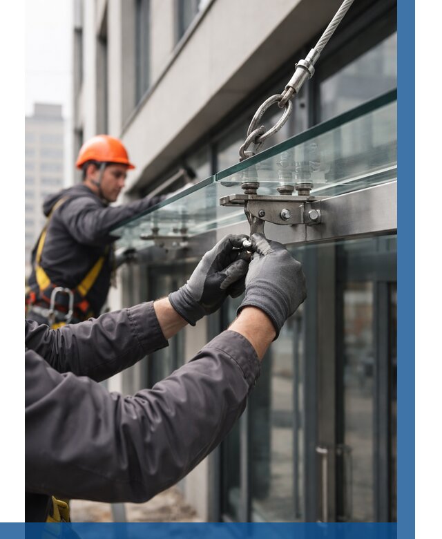 Монтаж стеклянных козырьков в Новом Уренгое от 8838 р. | ВЫСОТНИК-Нвг