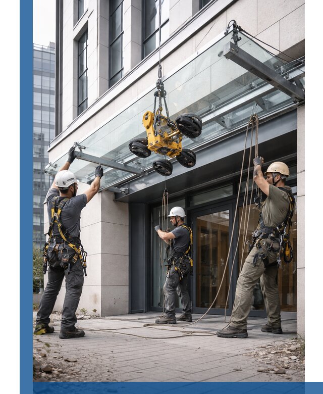 Монтаж стеклянных козырьков под ключ в Новом Уренгое для зданий