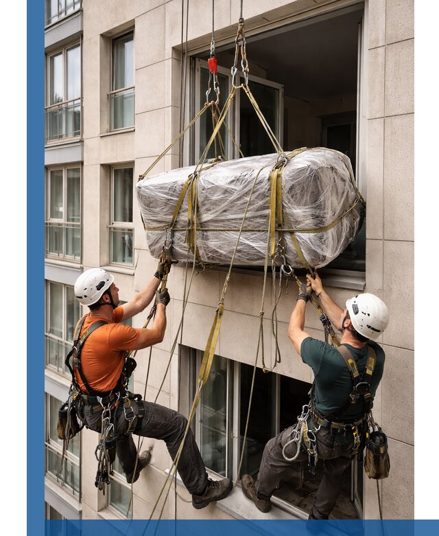 Подъем грузов через окно в Новом Уренгое промышленными альпинистами