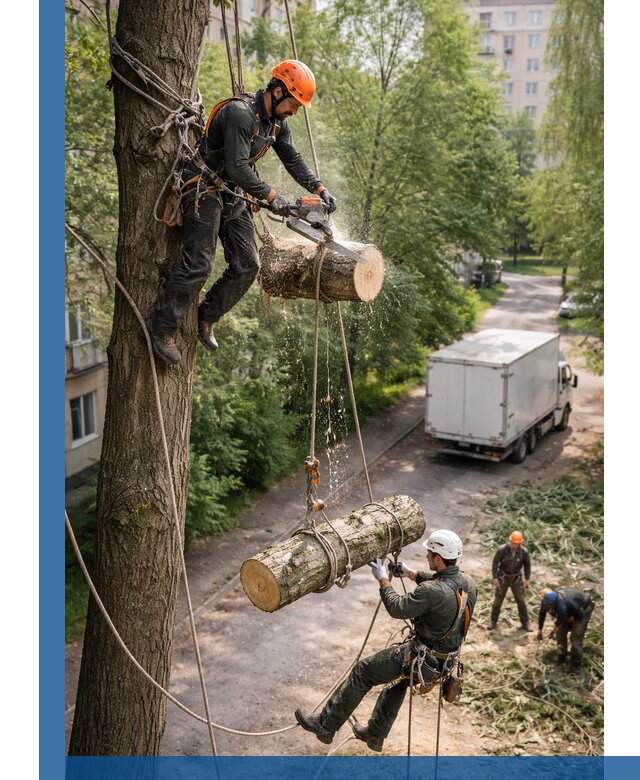 Спил деревьев альпинистами в Новом Уренгое, безопасно и без повреждений