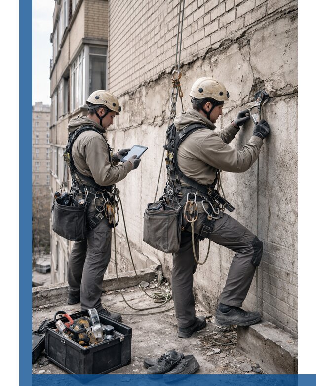 Обследование фасада промышленными альпинистами в Новом Уренгое